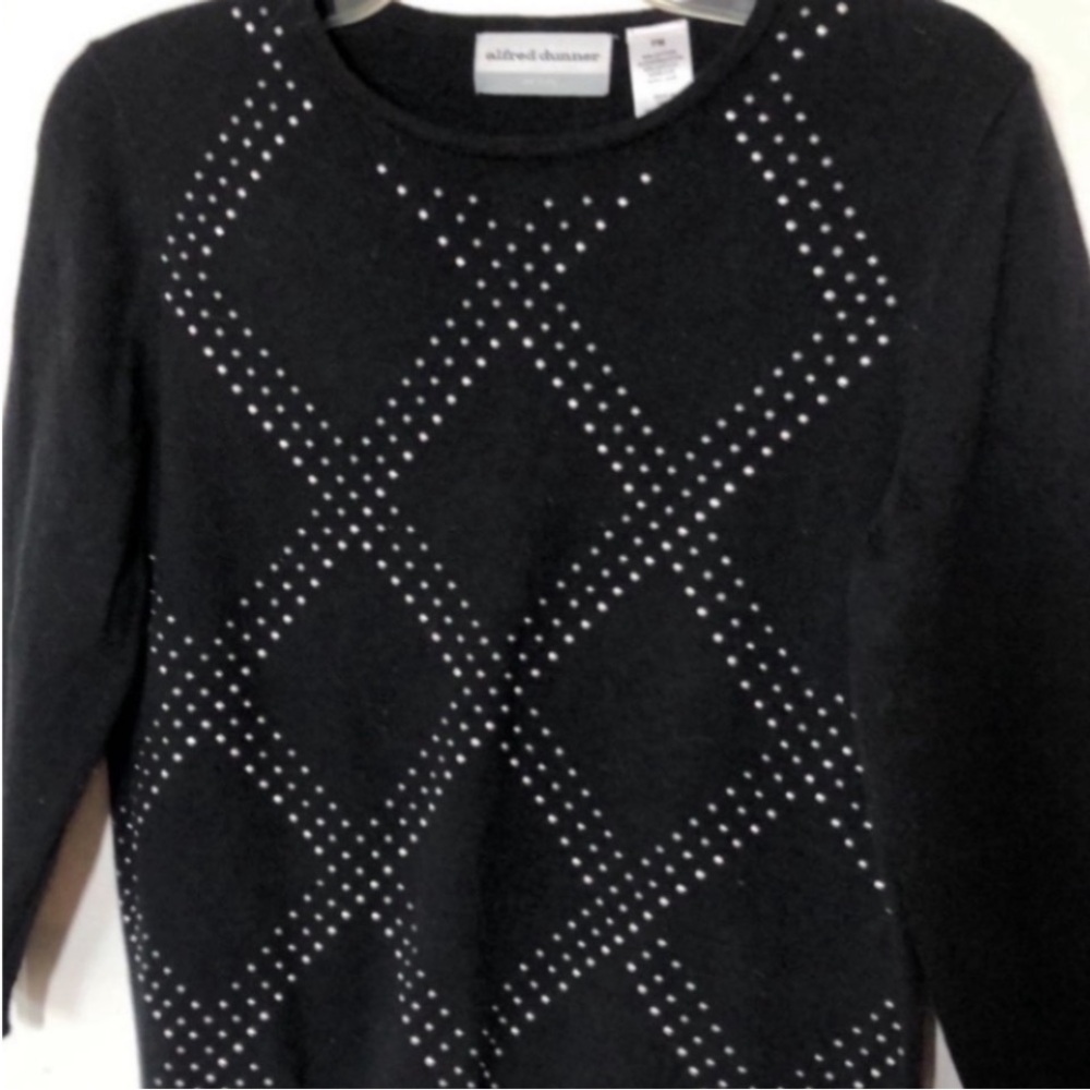 Alfred Dunner Sweater Black Argyle Plaid Checkered Diamond Gems Metallic Knit PM - Picture 2 of 16